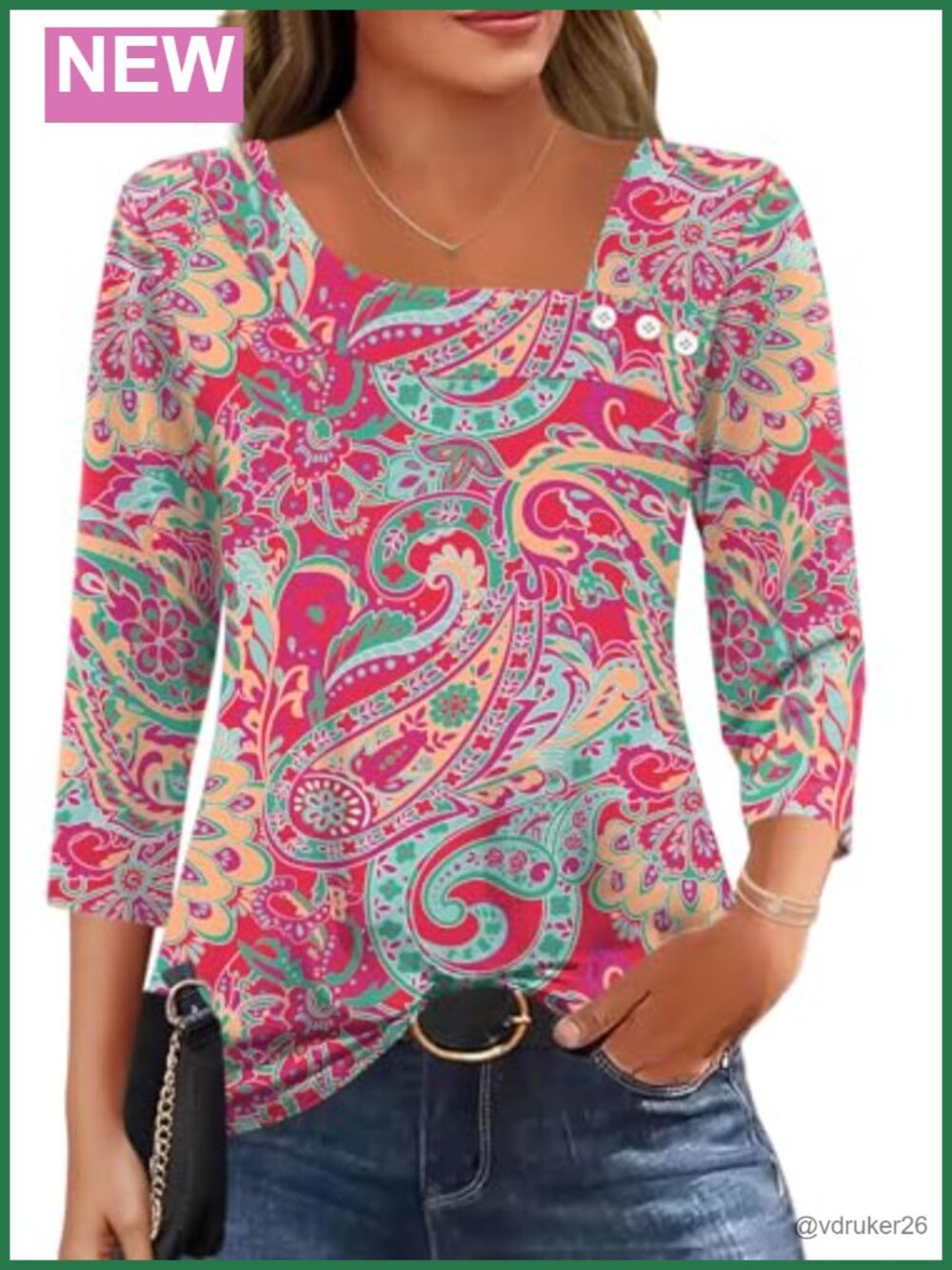 Womens 3/4 Sleeve Asymmetrical Neck Button Front Tunic Top Blouse